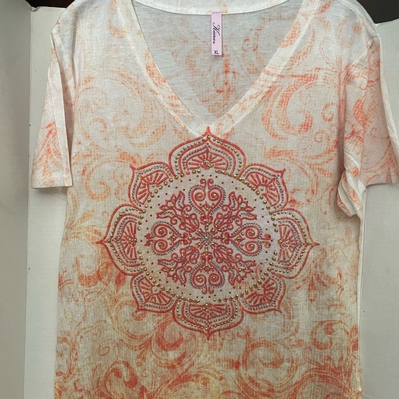 Kiara Embellished Graphic Short Sleeve Top in coral tones & jewel rhinestones - Picture 1 of 9